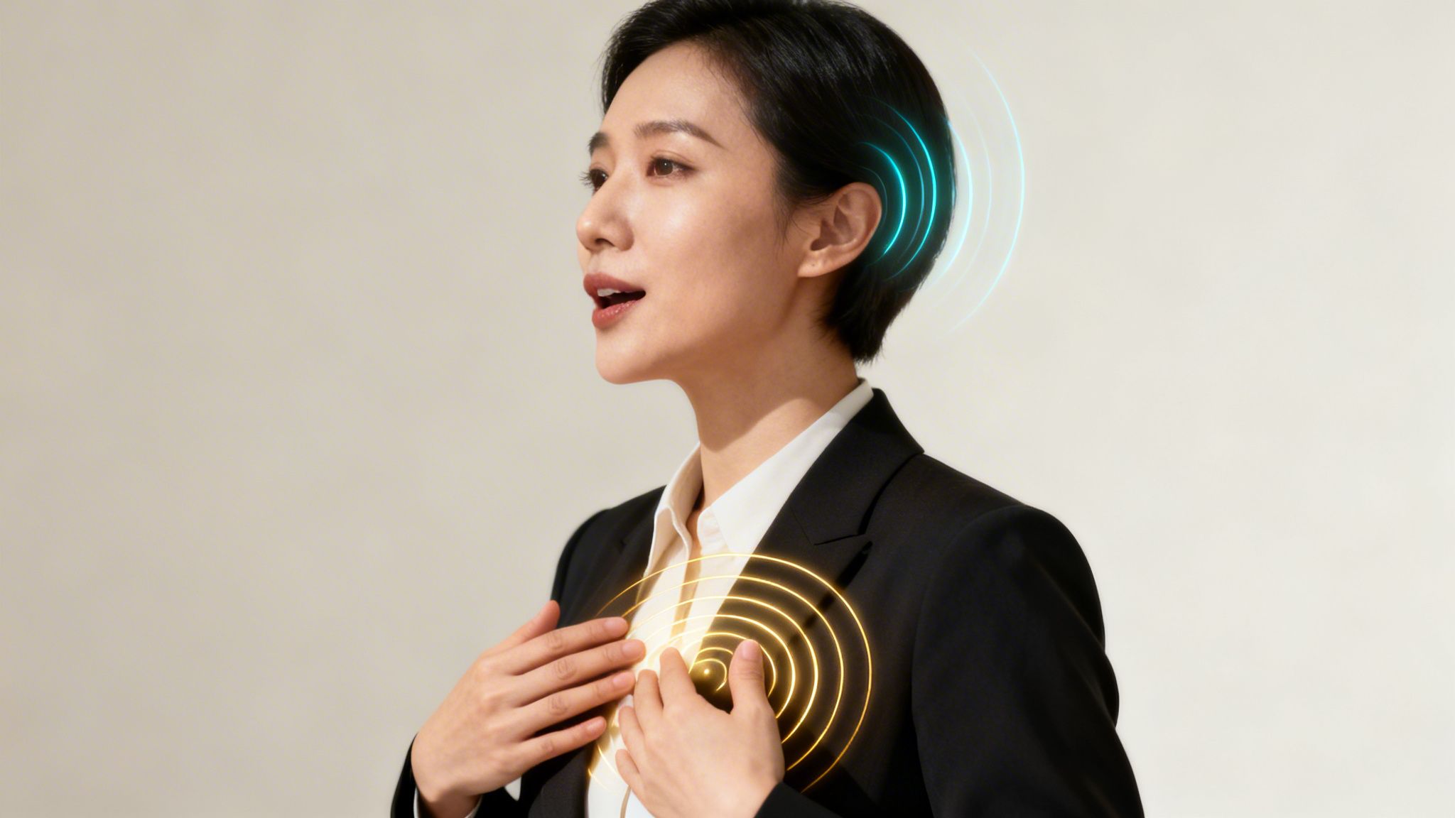 A woman with short hair speaks or sings, with sound waves at her ear and chest.