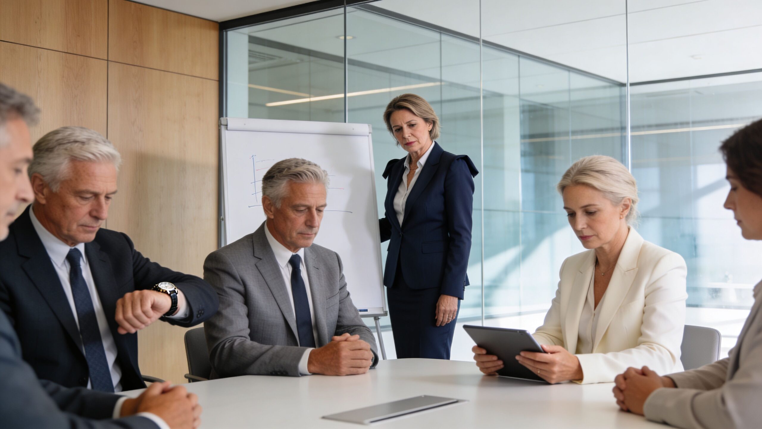 A professional business team sits around a conference table during a formal corporate meeting in an office.