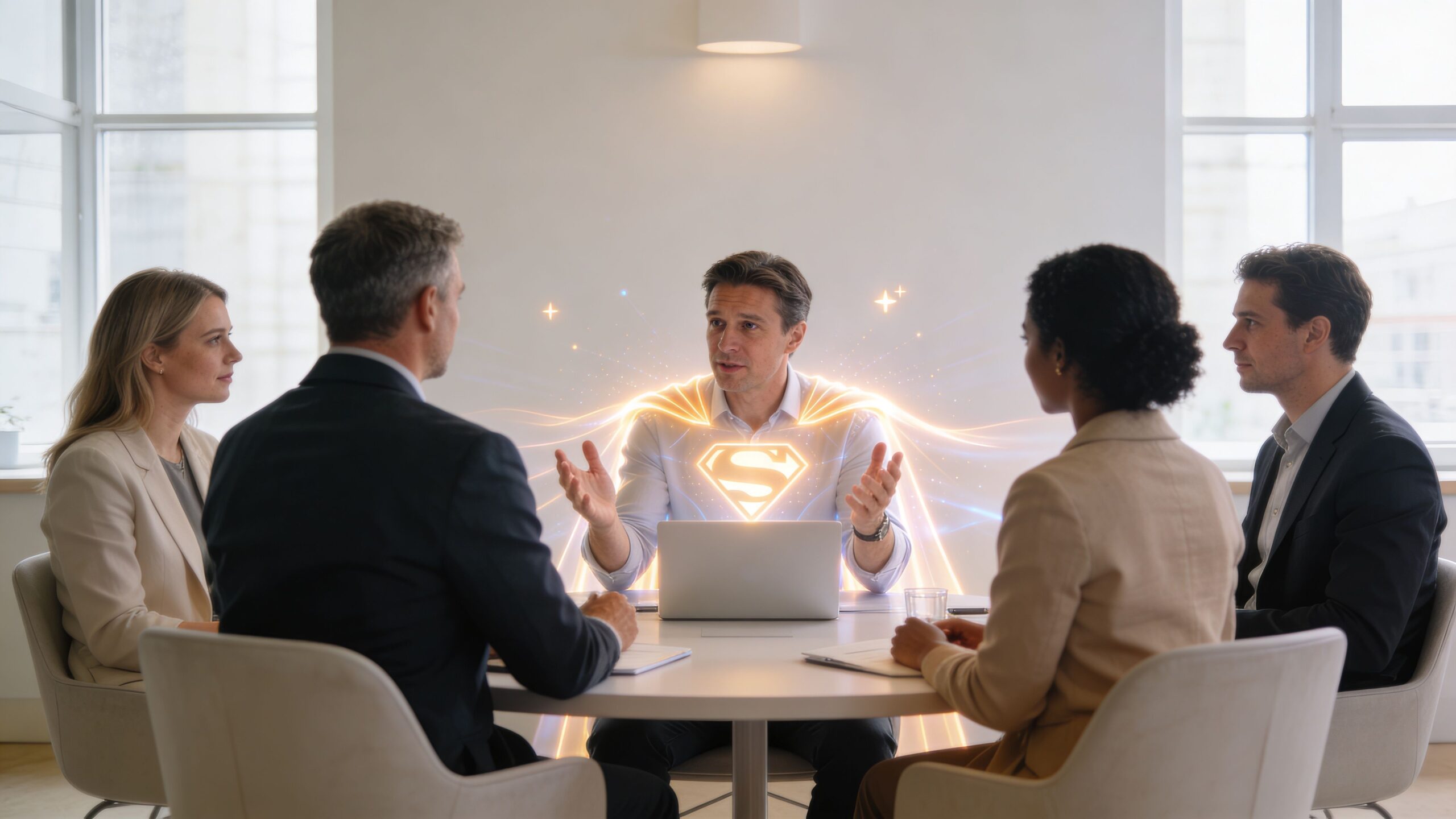 A professional man at a boardroom table with a glowing superhero cape effect during a business meeting.