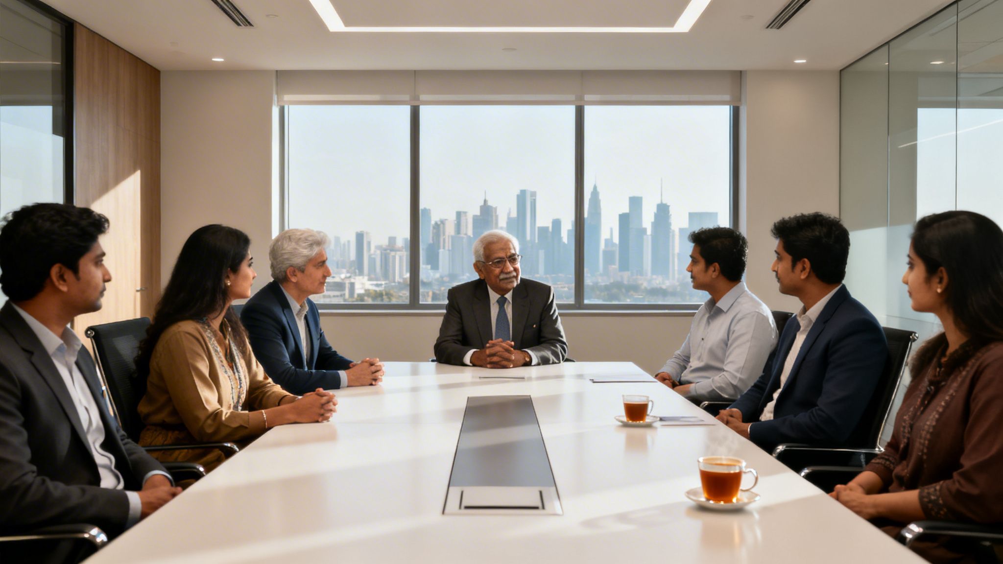 Diverse Indian business professionals collaborate in a modern conference room overlooking a bustling city skyline.