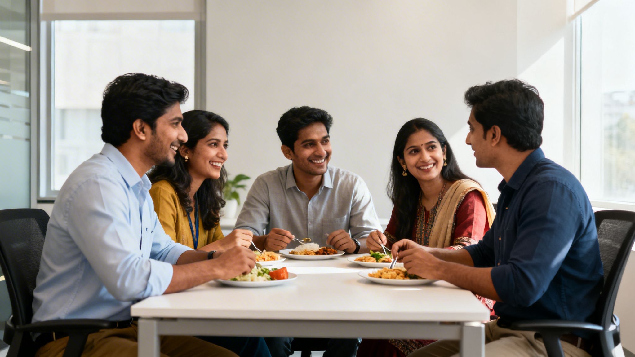 Five happy young Indian colleagues enjoying a meal and conversation in an office setting.