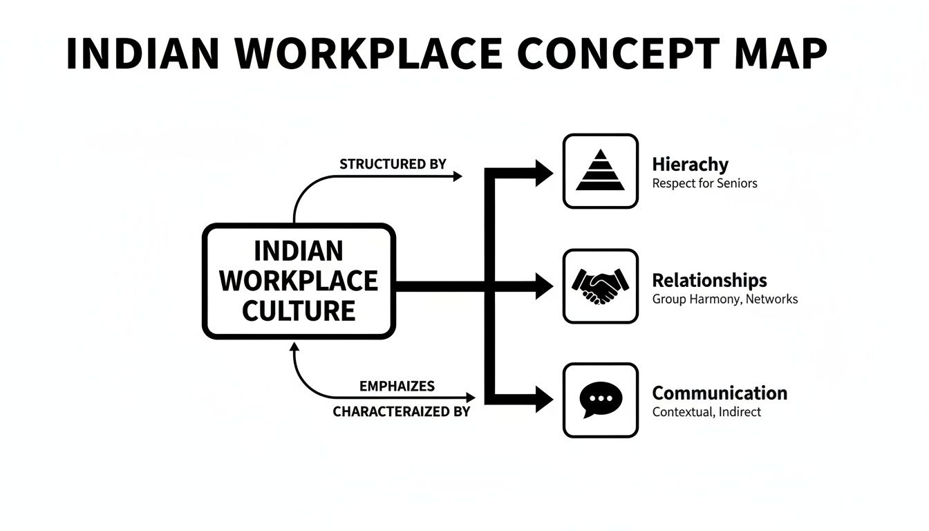 Concept map illustrating key aspects of Indian workplace culture: hierarchy, relationships, and communication.