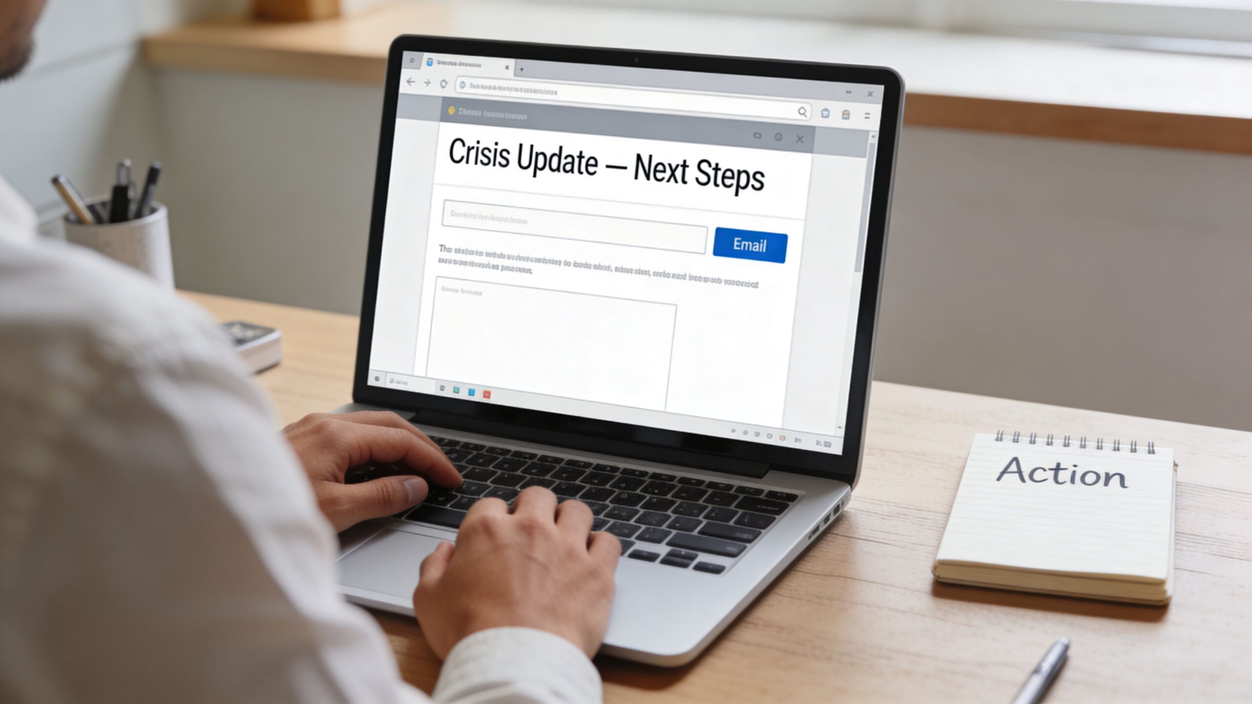 A person using a laptop to type an email regarding crisis updates at a desk.