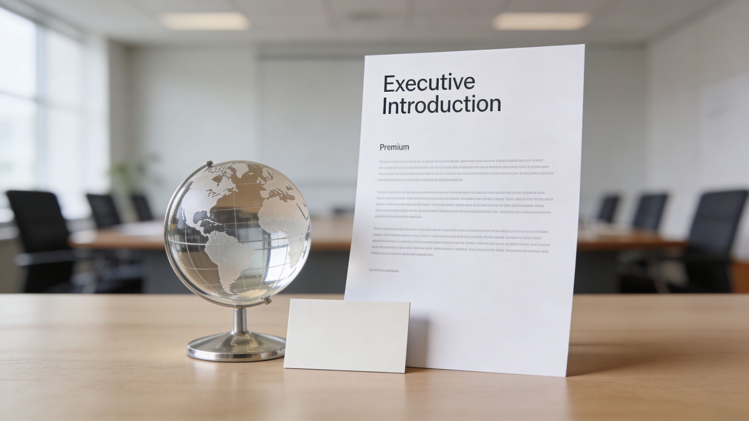 A glass globe and a blank name card resting on a wooden table beside a professional document.