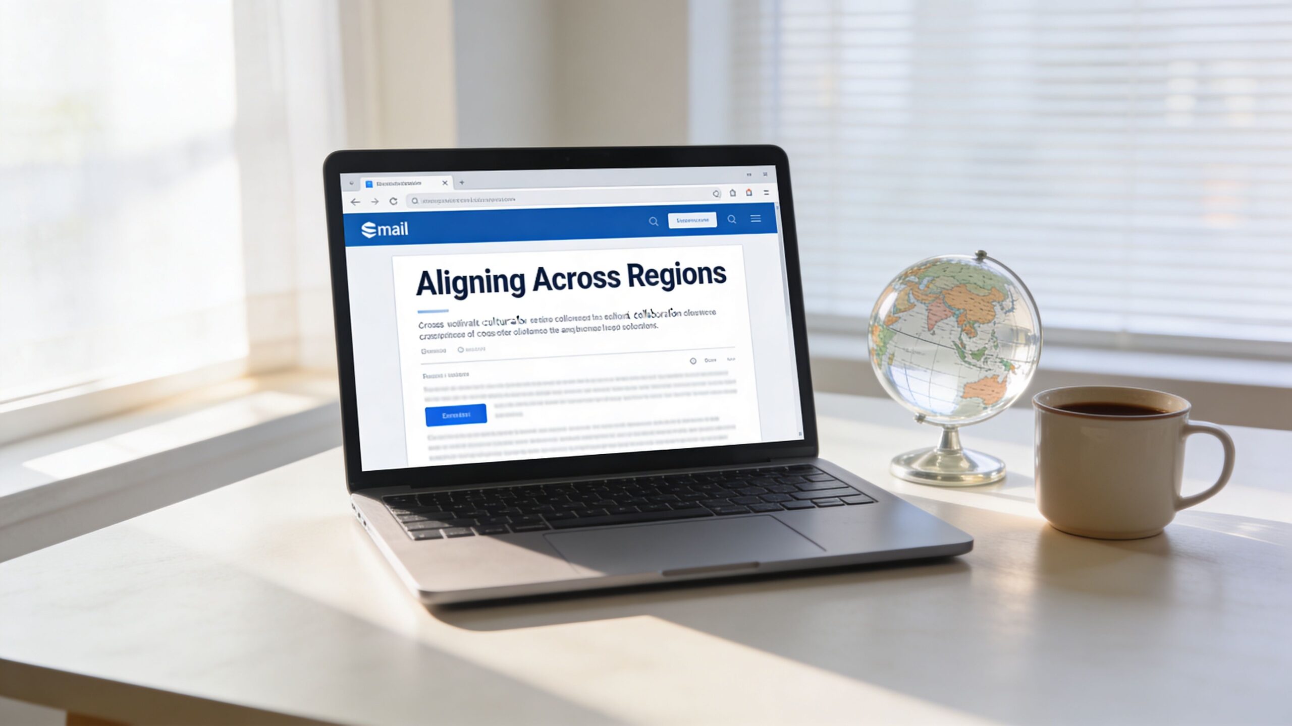 A laptop on a white table next to a coffee mug and a small world globe decoration.