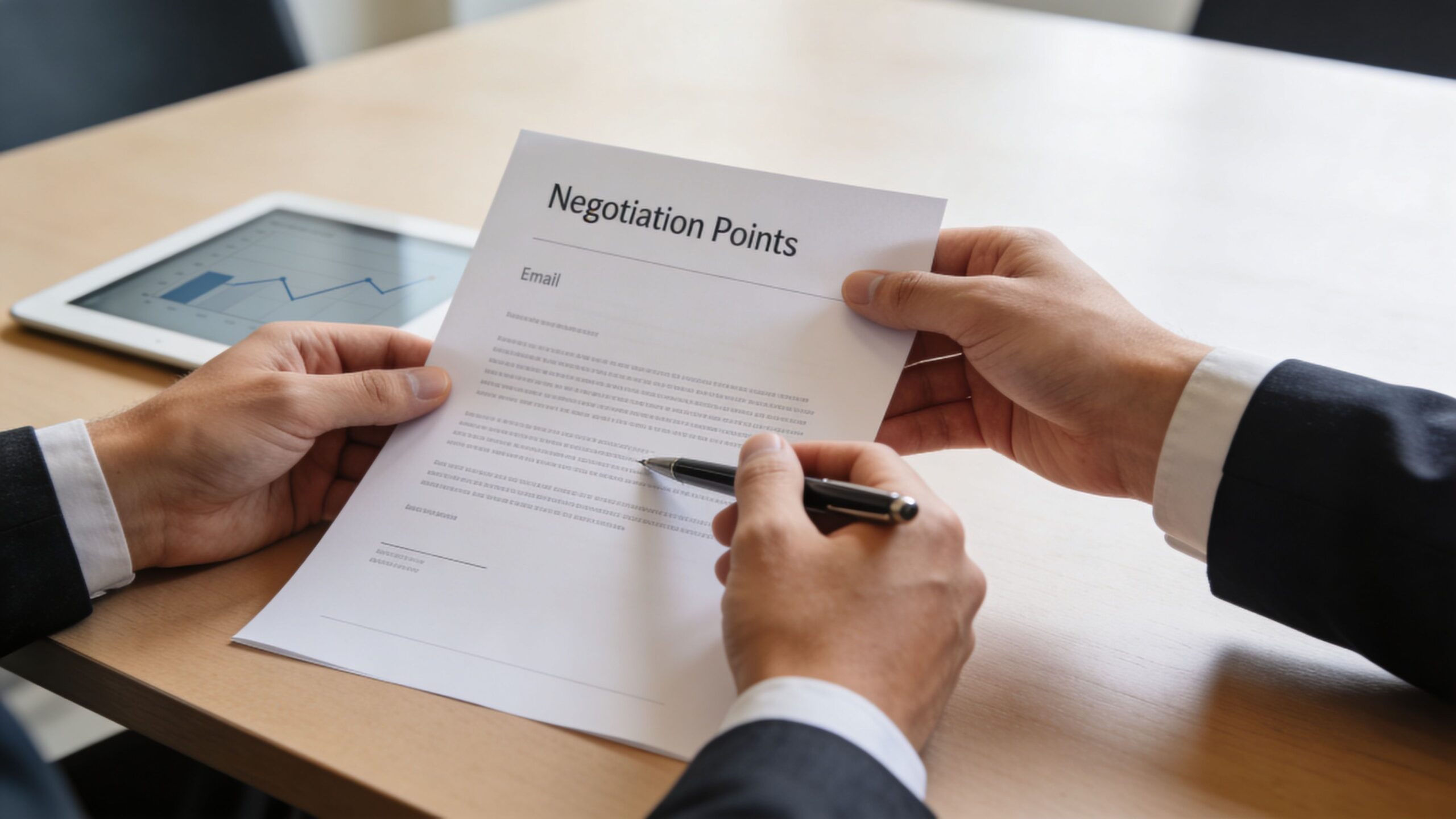 A close up view of two professionals reviewing a negotiation document on a wooden office desk.