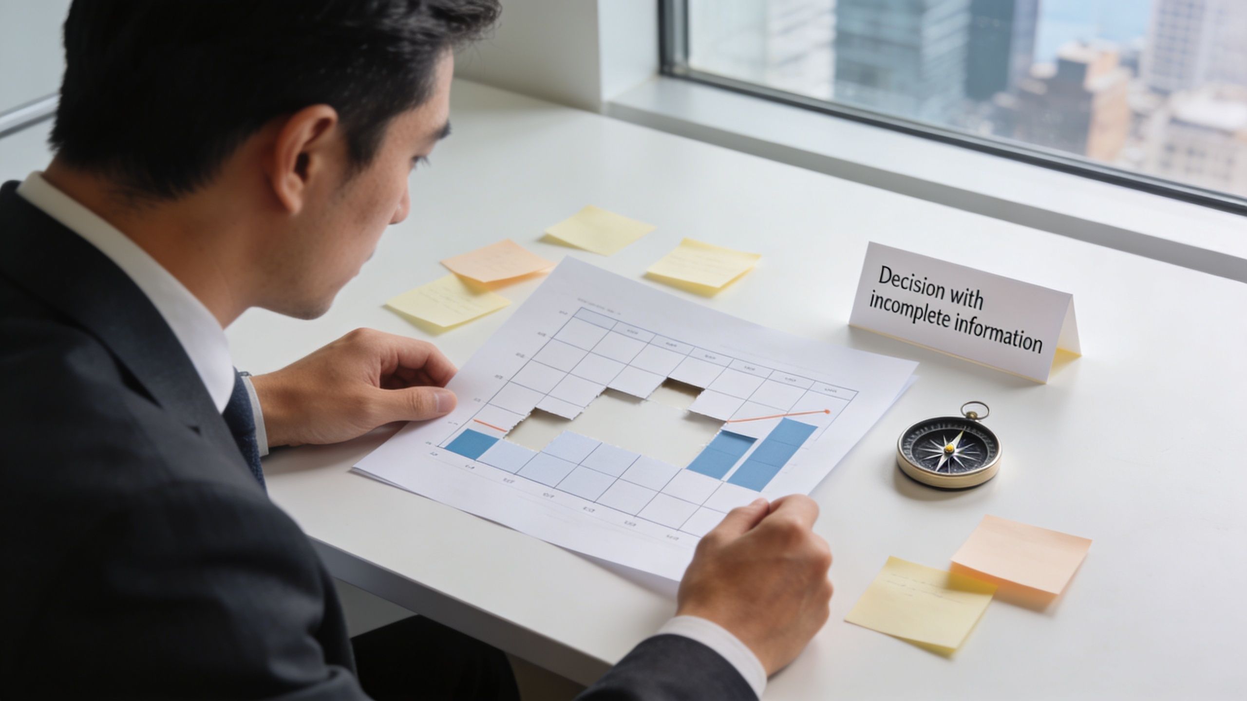 A businessman analyzing a bar chart with missing data to represent making decisions with incomplete information.