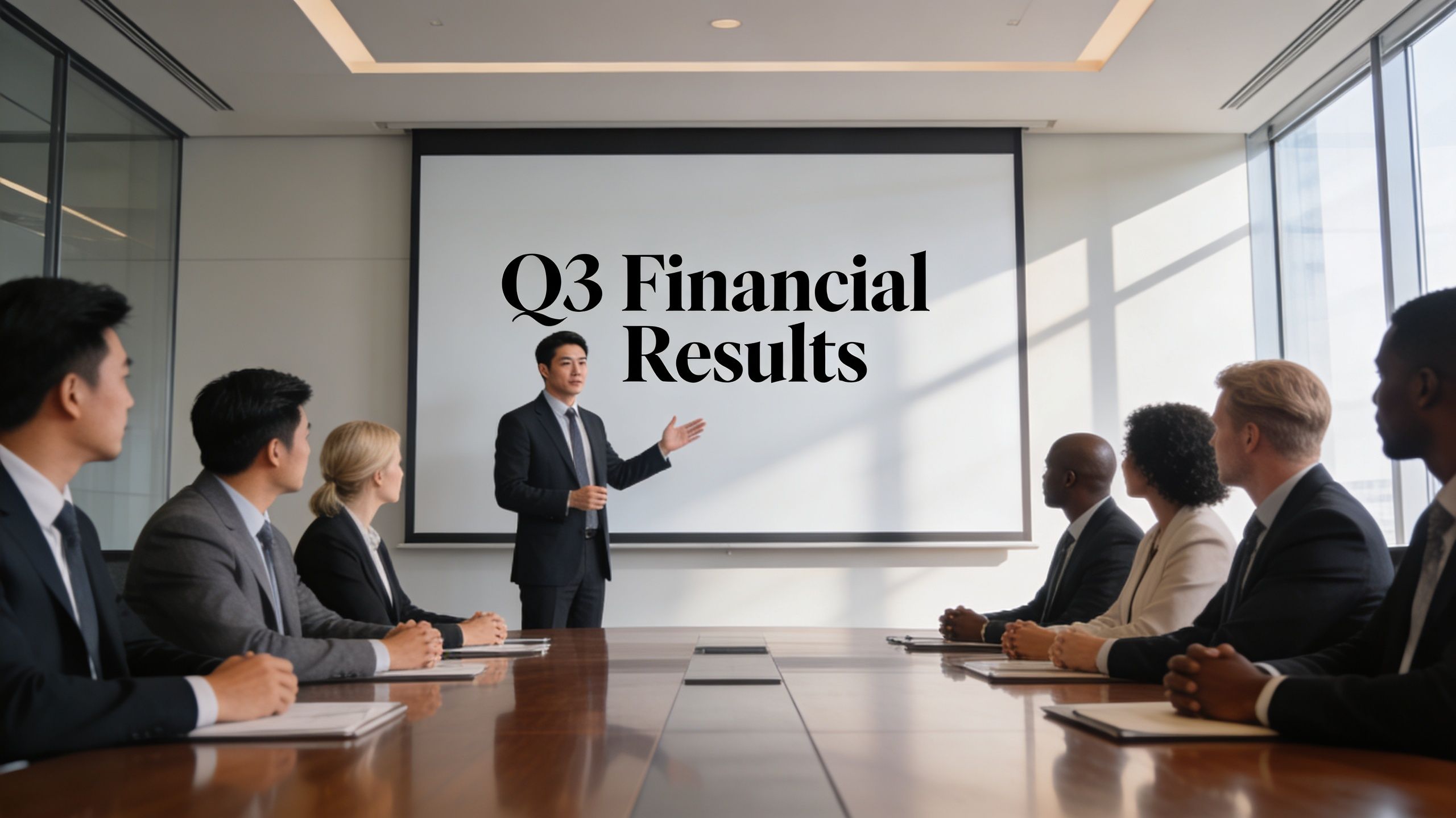 A professional business meeting with a presenter explaining Q3 financial results to a diverse corporate team.