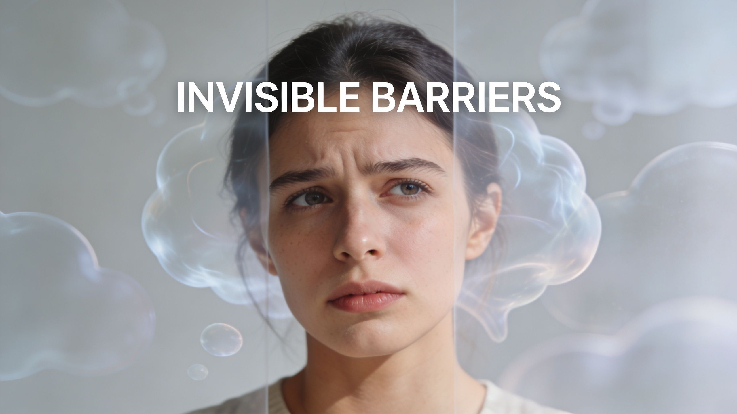 A young woman looking concerned while behind transparent glass bubbles that represent invisible barriers to effective communication.