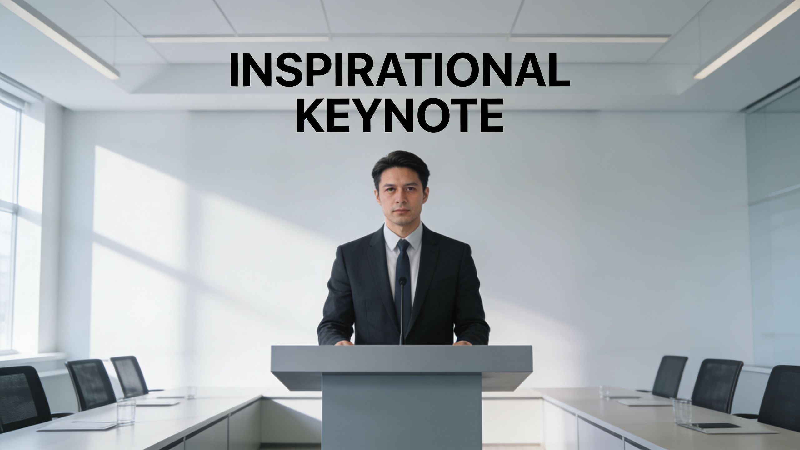 A professional man in a suit stands at a podium giving an inspirational keynote presentation speech.
