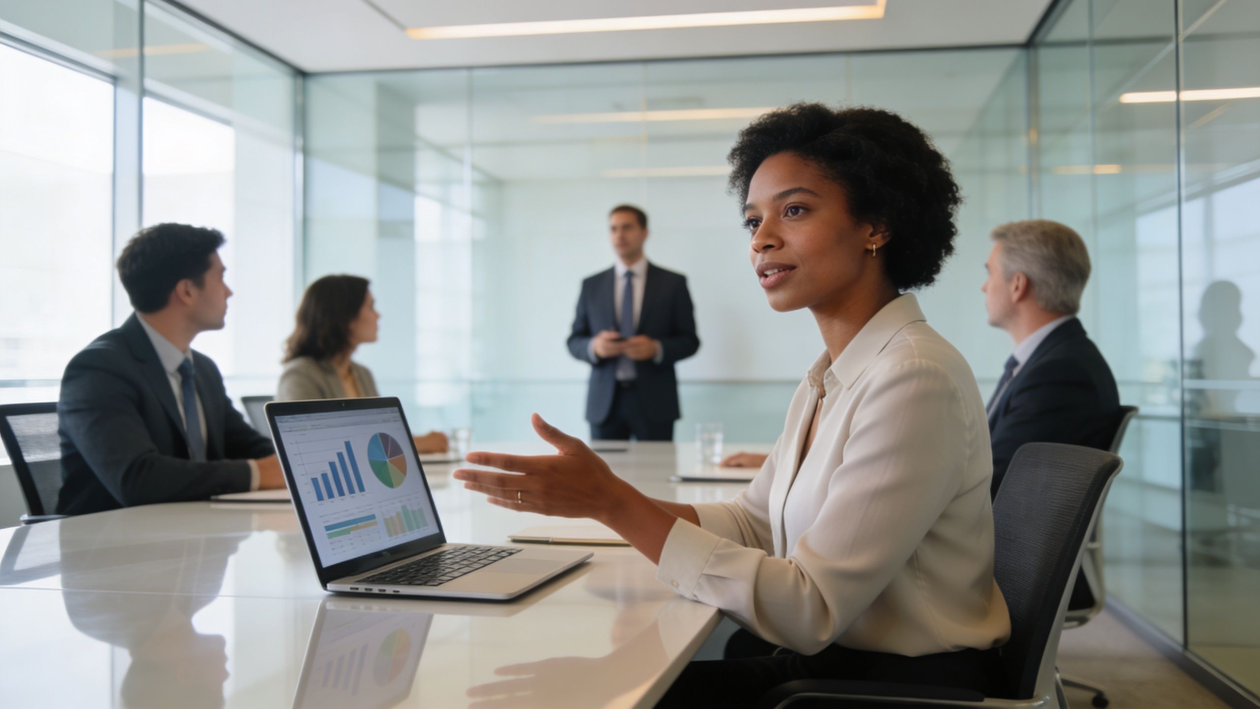 A professional woman presenting data on a laptop during a corporate boardroom meeting with colleagues.