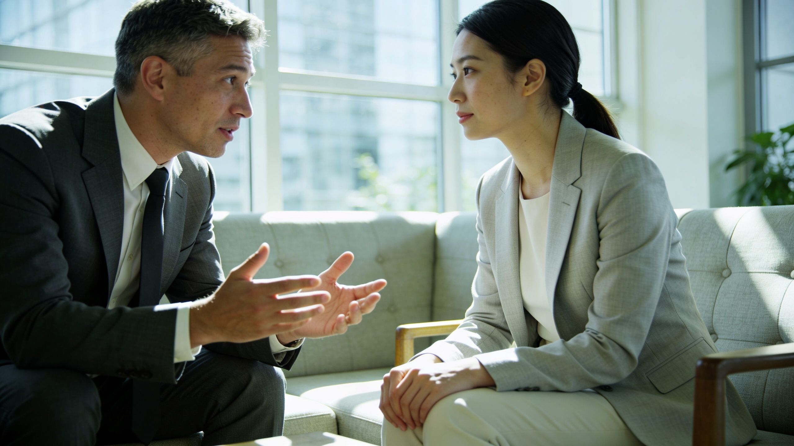 A professional man and woman having a serious business discussion while sitting on a light-colored sofa.