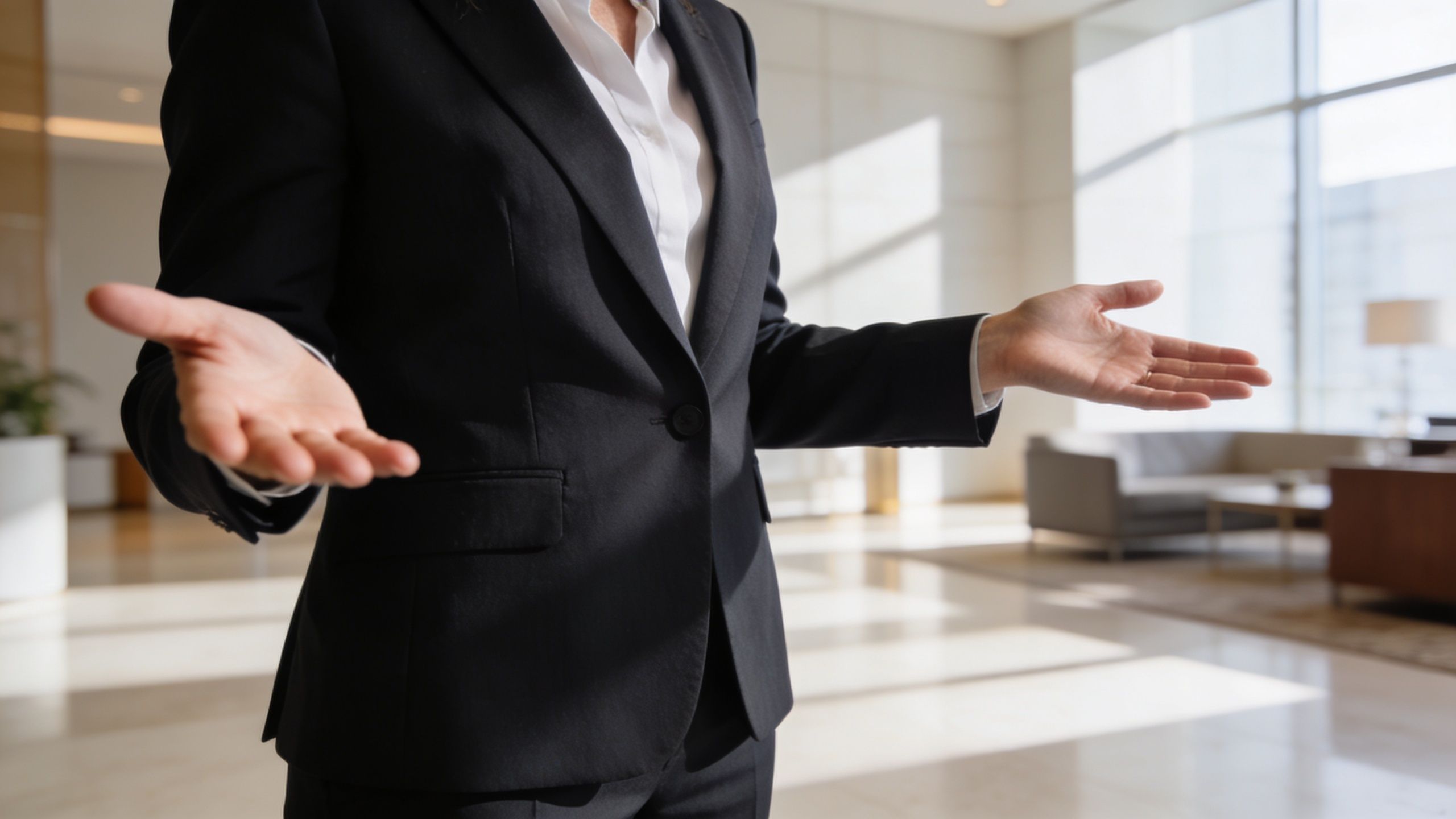 A professional woman in a suit gesturing with open hands in a modern, bright office lobby.
