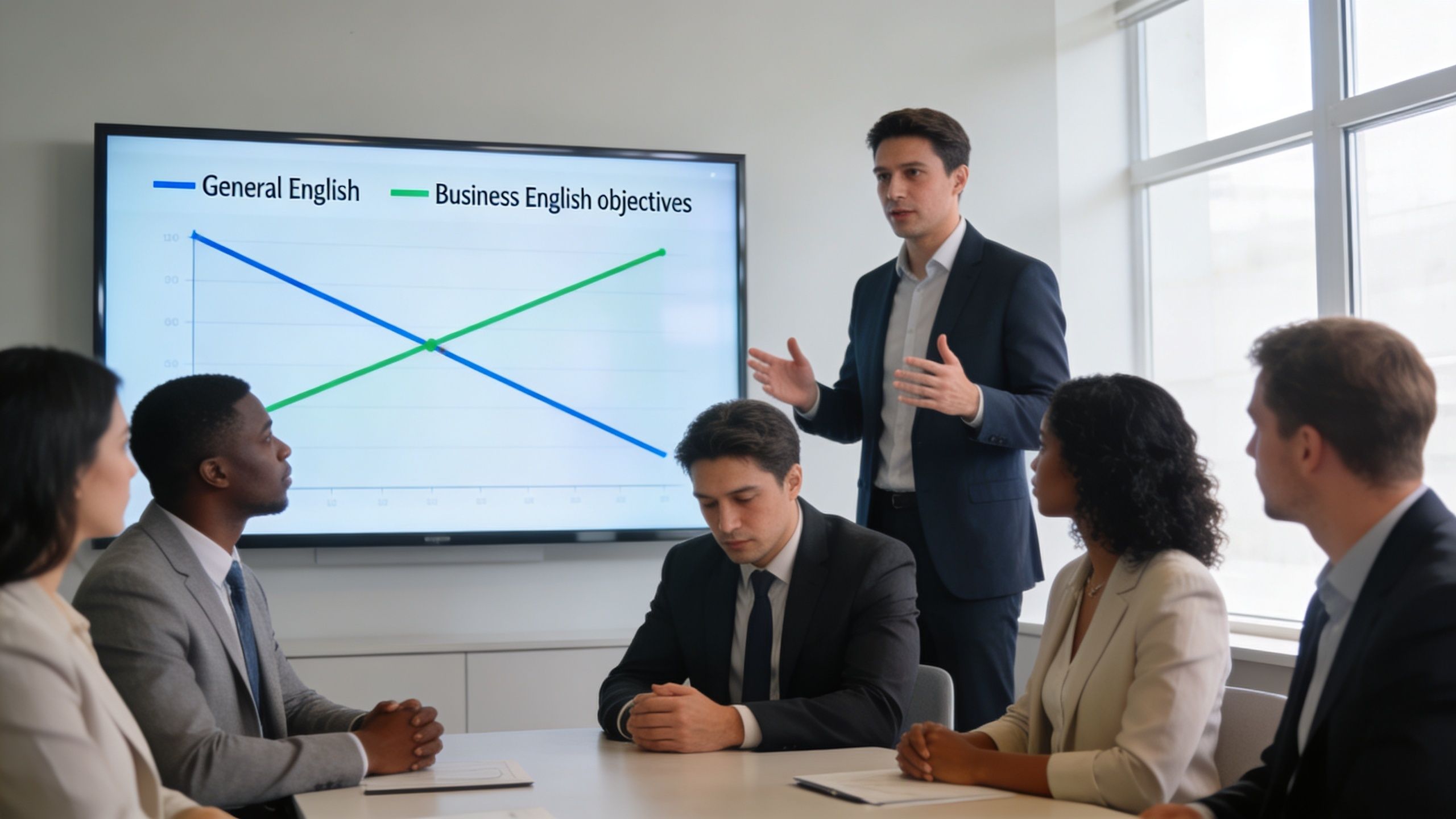 A professional male presenter explaining a chart about business English objectives to a diverse corporate team.