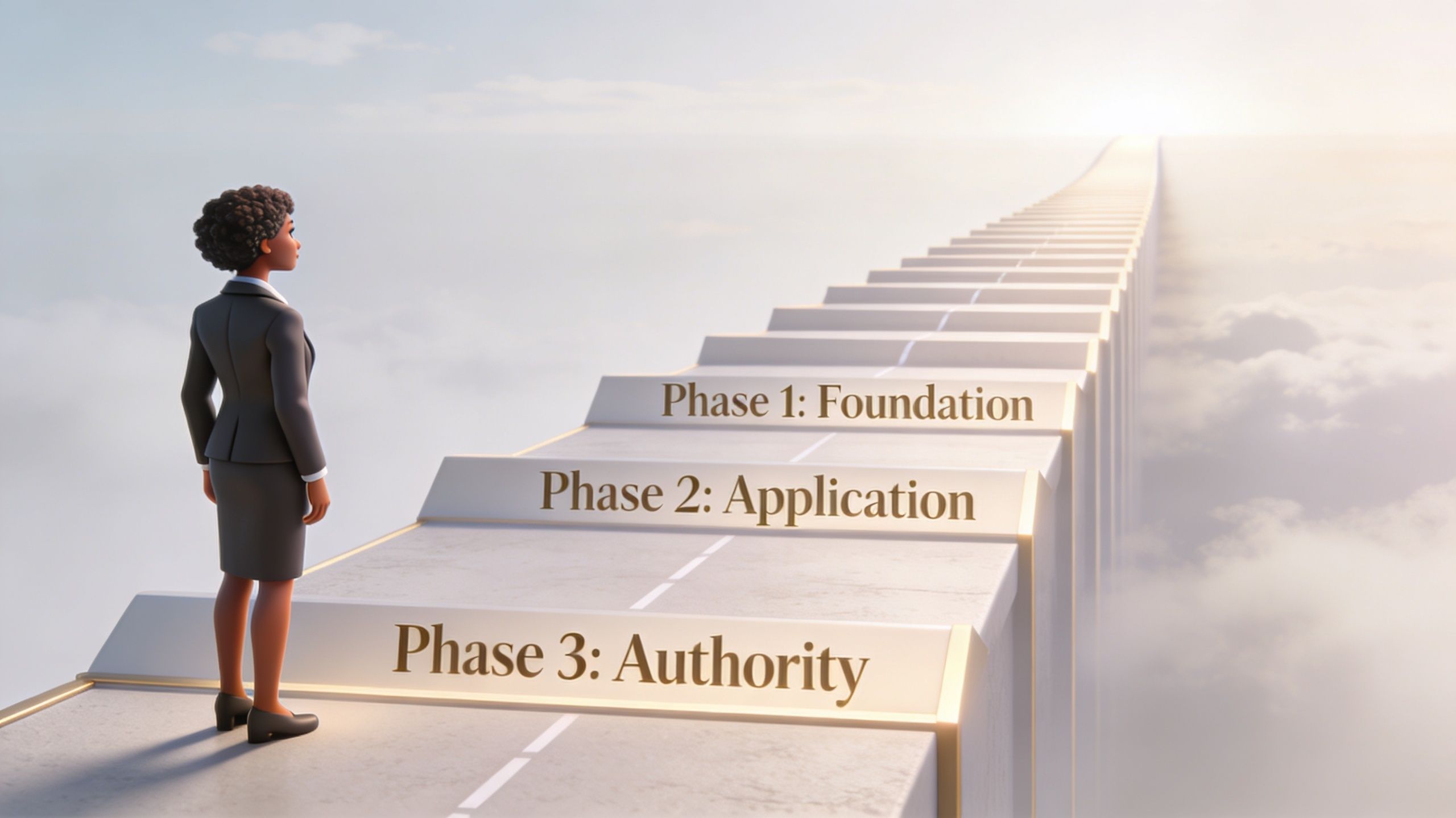 A professional businesswoman standing on a path leading upward into the bright horizon, representing career development stages.