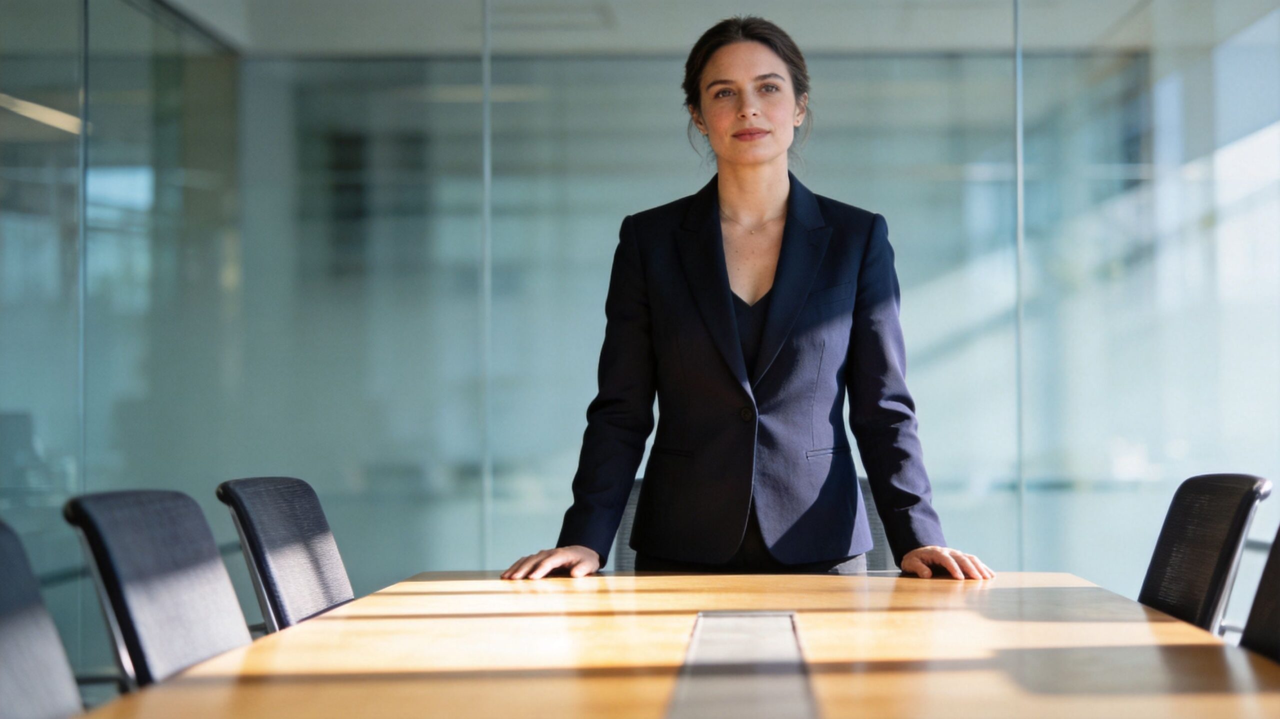 A professional woman in a suit standing at a conference table in a modern glass-walled office.