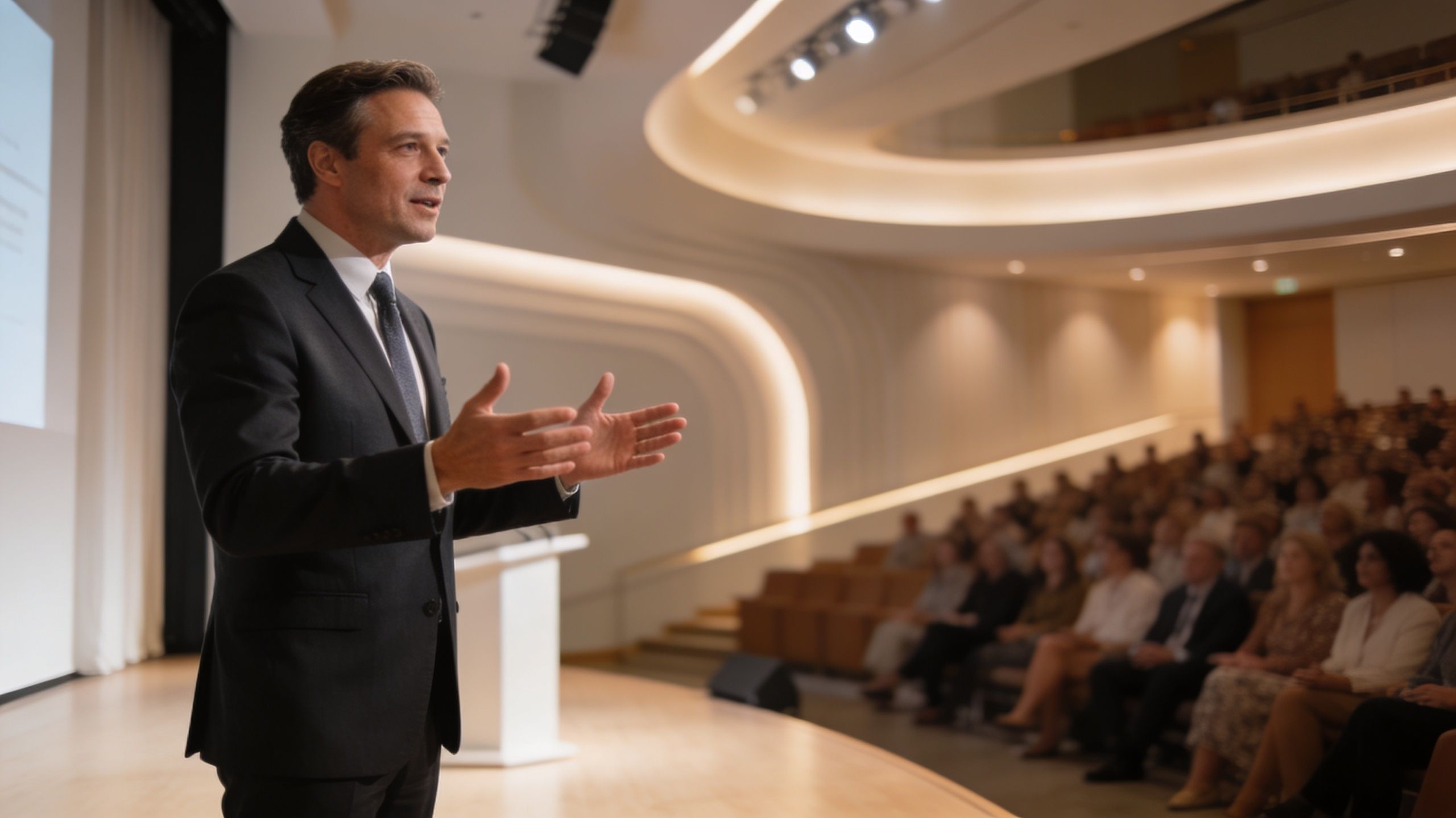 A professional man in a suit speaking to an audience in a modern, well-lit conference lecture hall.