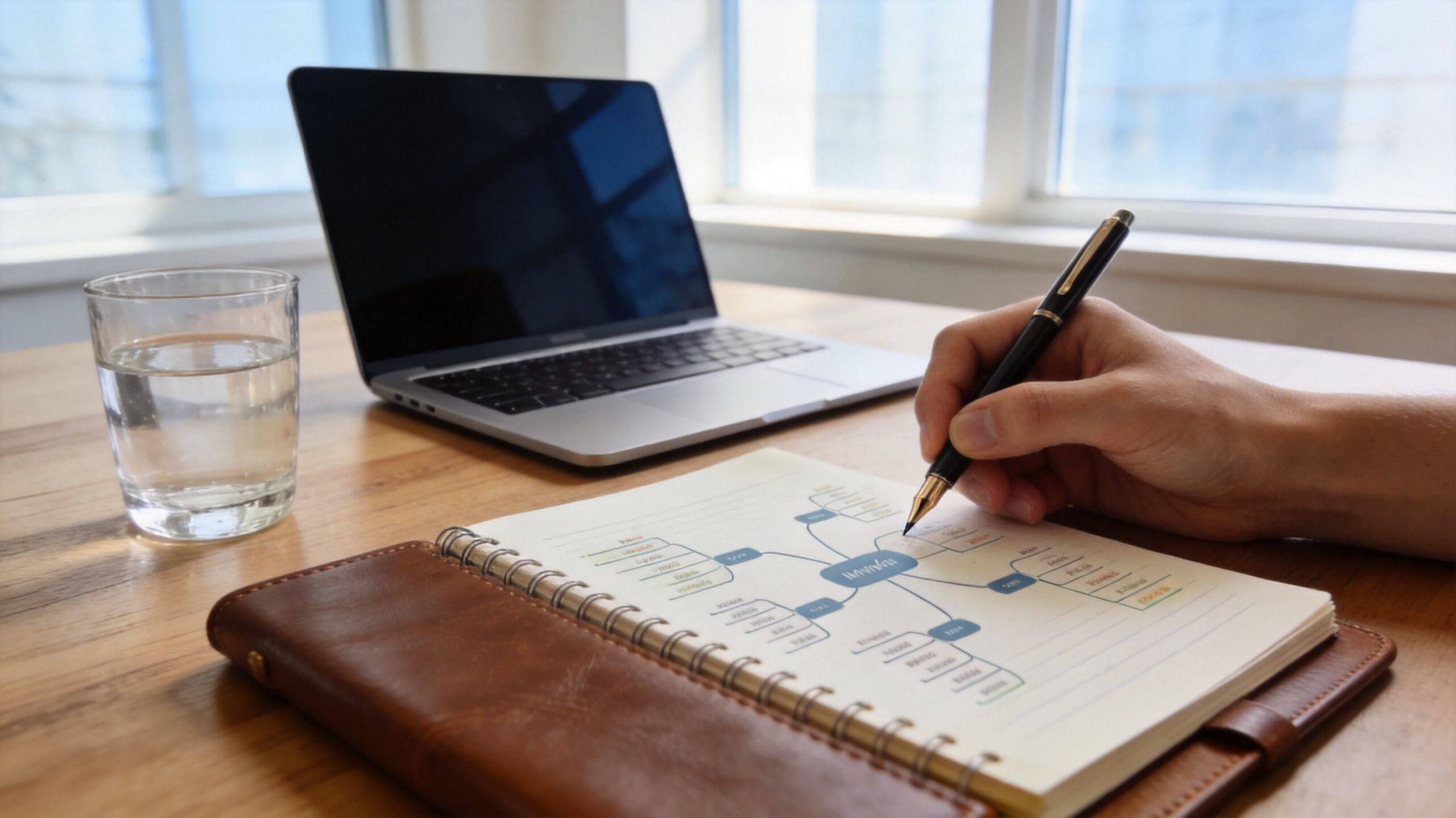 A person writing in a notebook next to a laptop and a glass of water on a desk.