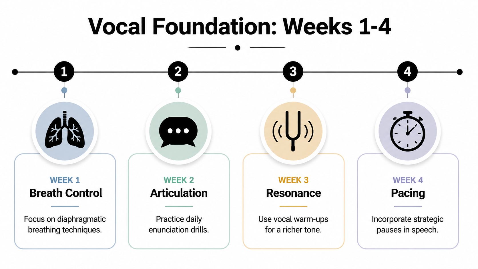 An infographic titled Vocal Foundation showing a four-week plan for improving speech through breath, articulation, resonance, and pacing.