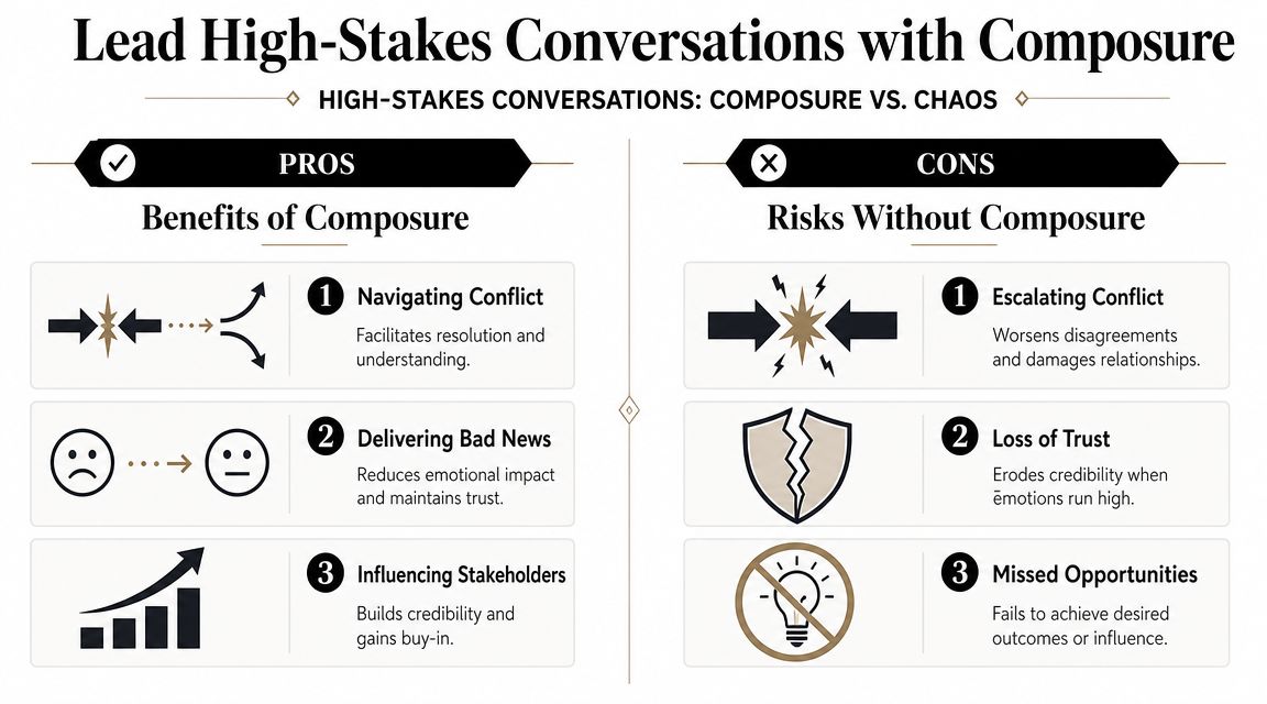 A comparison chart showing the benefits of composure versus the risks of chaos in high-stakes professional conversations.