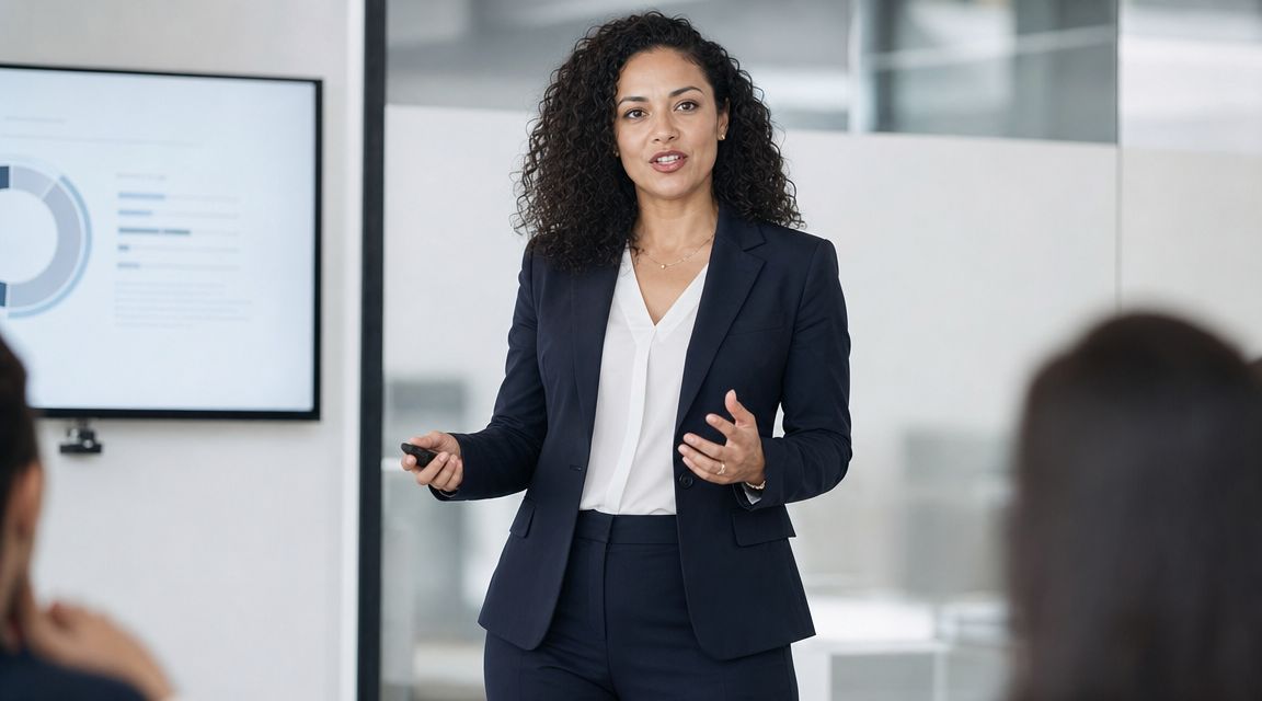 A professional woman in a business suit presenting data to colleagues during an office meeting.