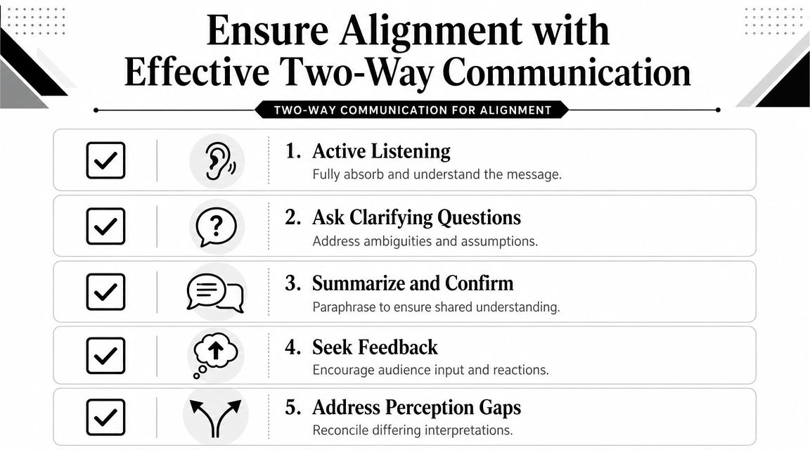 A five-step guide on ensuring organizational alignment through effective two-way communication strategies for improved workplace clarity.