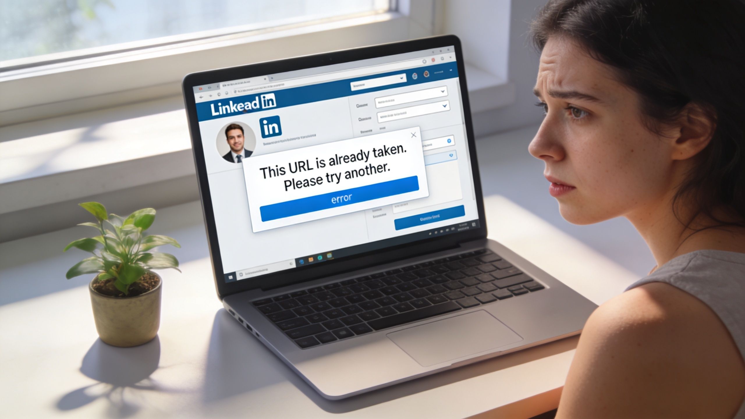 A young woman looking frustrated at a laptop screen displaying a custom LinkedIn URL error message.