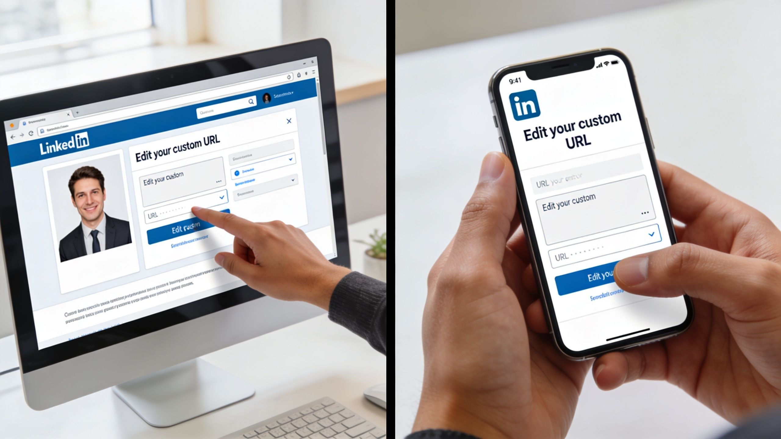 A split view showing someone editing their custom LinkedIn URL on both a computer and mobile phone.