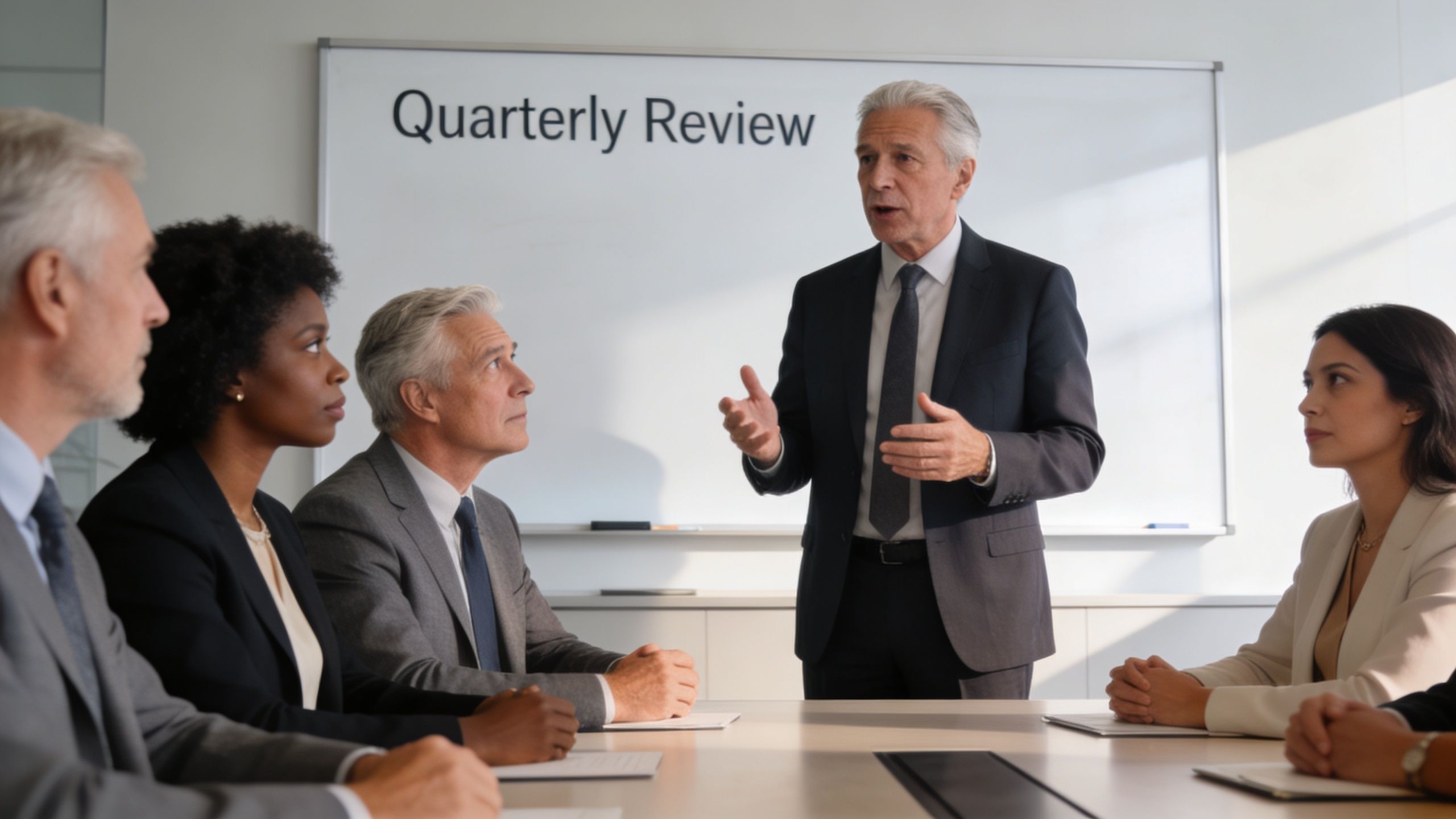 A professional man leads a quarterly review meeting with his diverse team in a bright office.