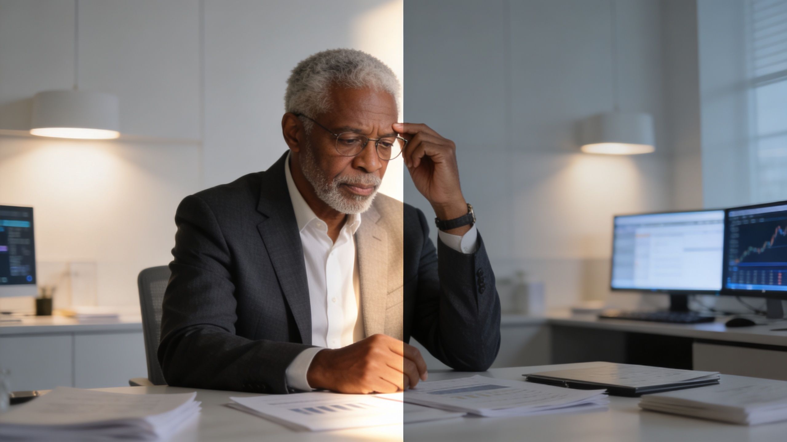 A professional senior businessman analyzes financial documents while working in a modern office with multiple monitors.