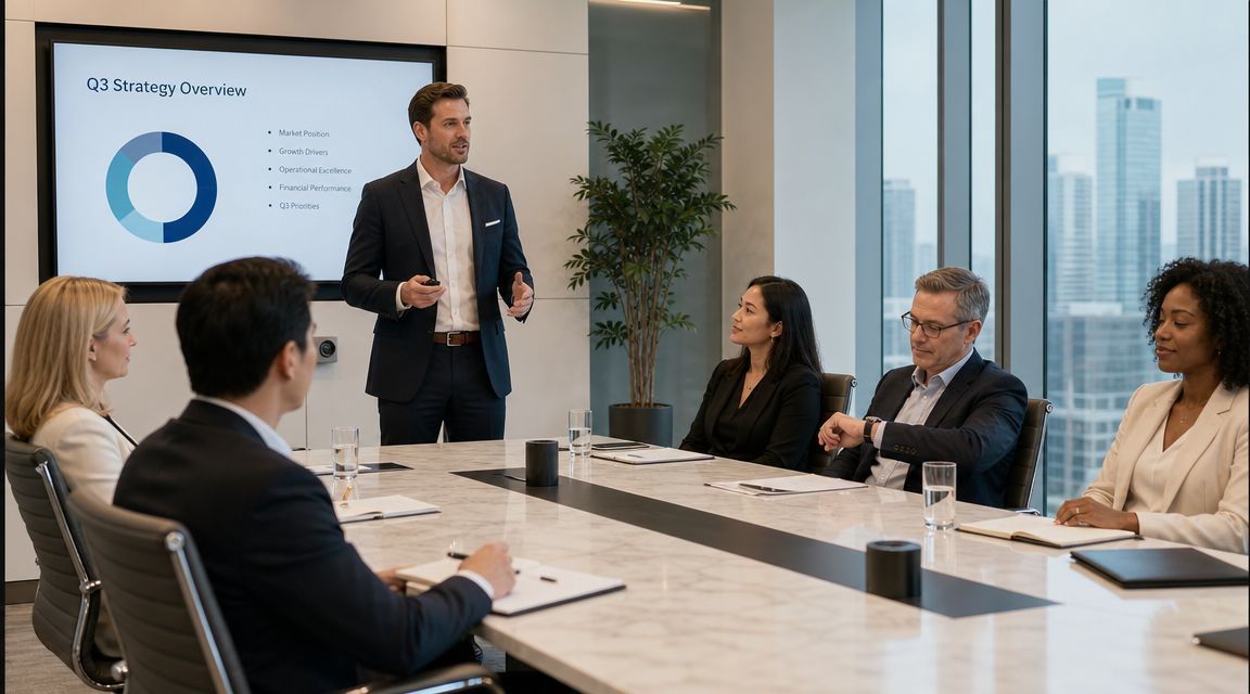 A professional man delivering a business presentation about Q3 strategy to a team in a boardroom.