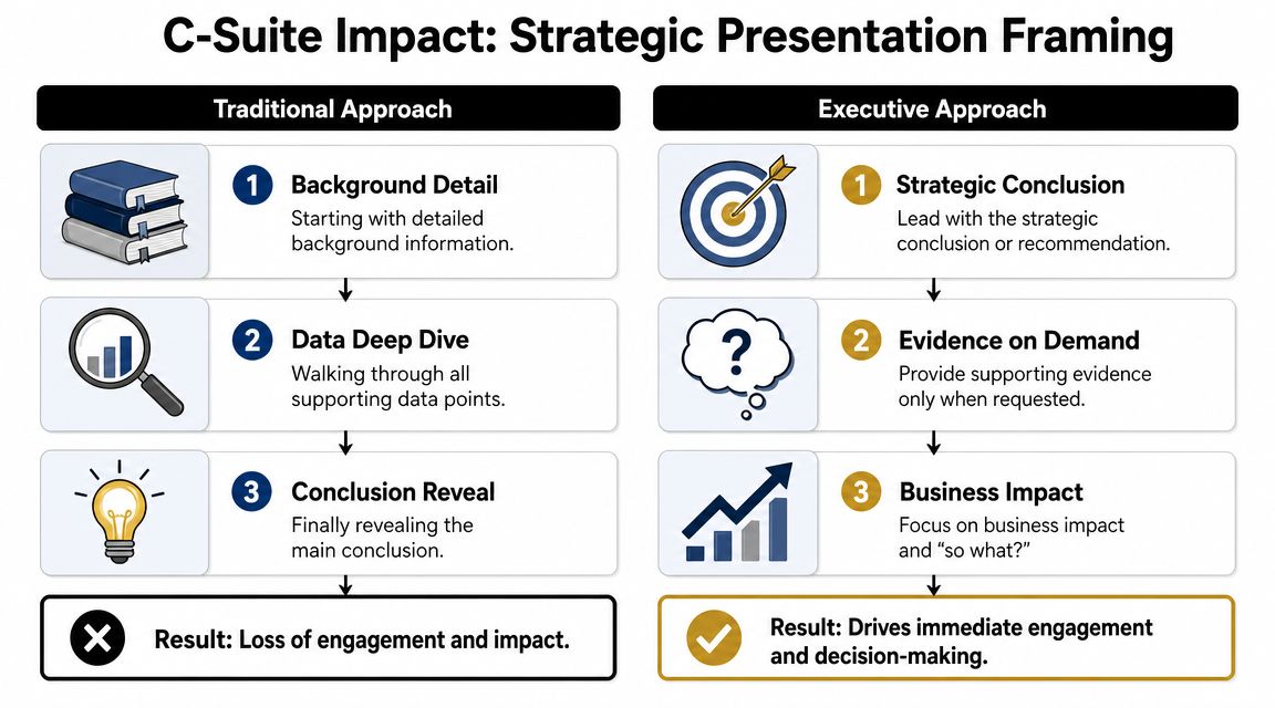 A comparison chart showing the Traditional approach versus the Executive approach for strategic presentation framing.