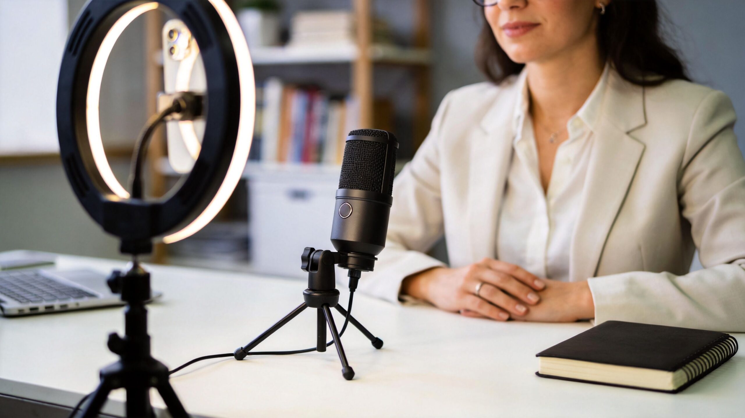 A businesswoman sitting at a desk with a microphone and ring light for executive presence training online.