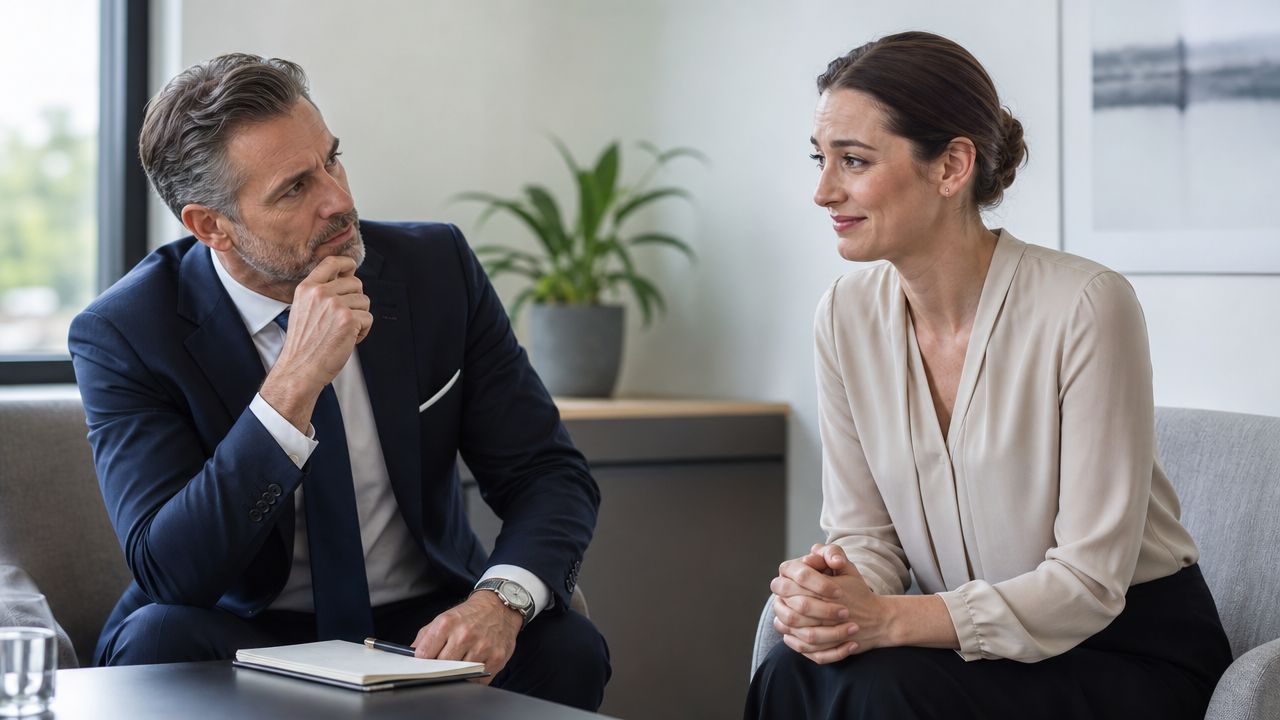 A professional man and woman having a serious and attentive business discussion in an office setting.