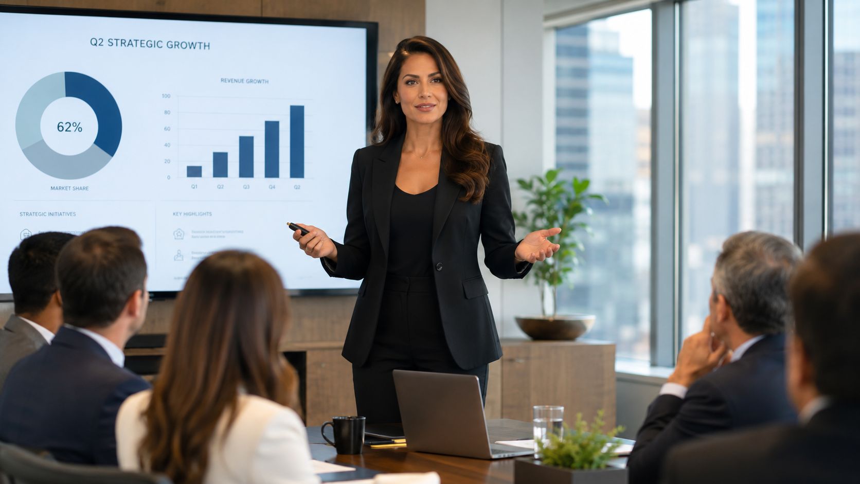 A professional businesswoman gives a presentation on business growth to colleagues in a modern office boardroom.