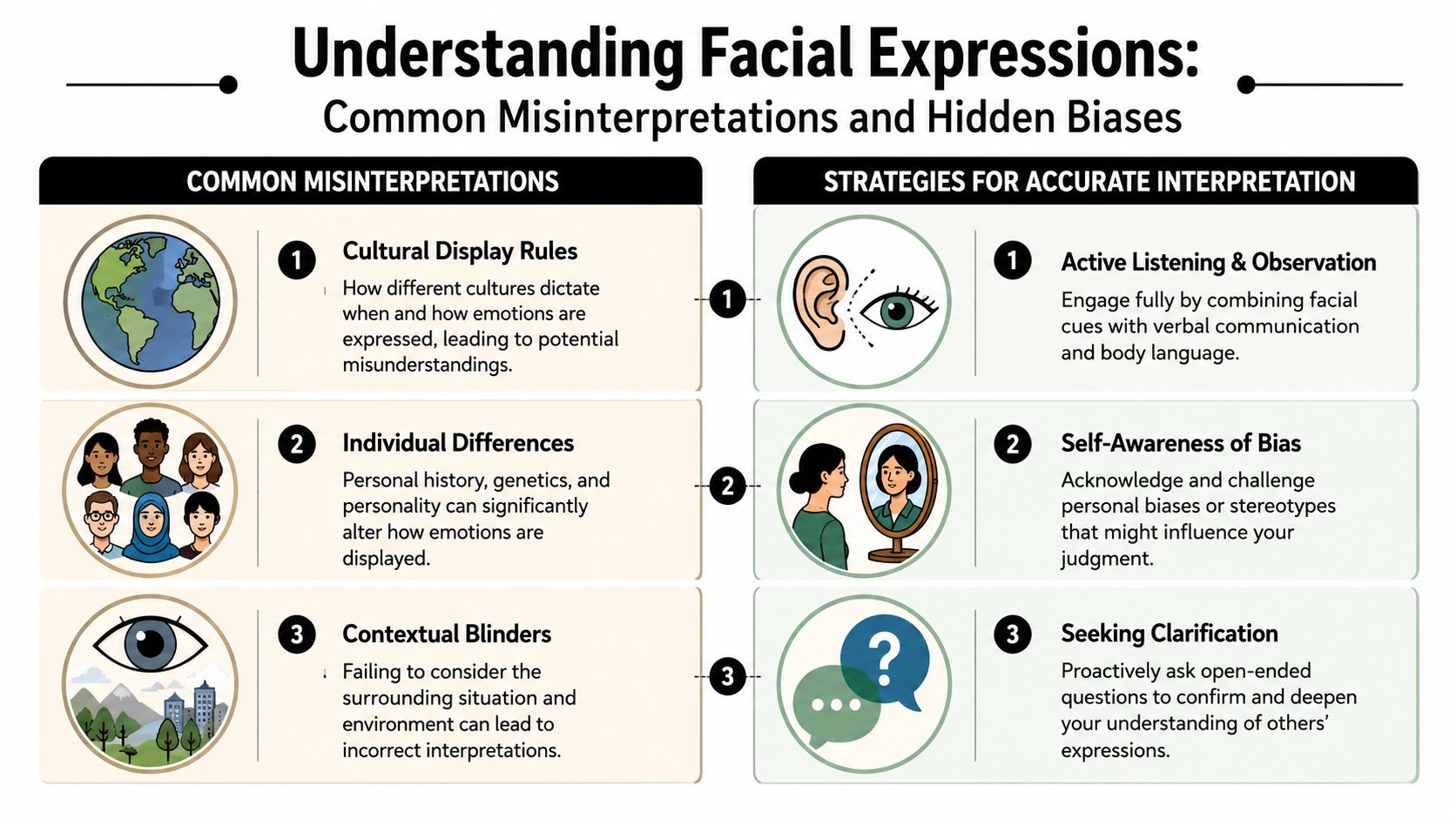 An infographic titled Understanding Facial Expressions explaining common misinterpretations and strategies for accurate communication.