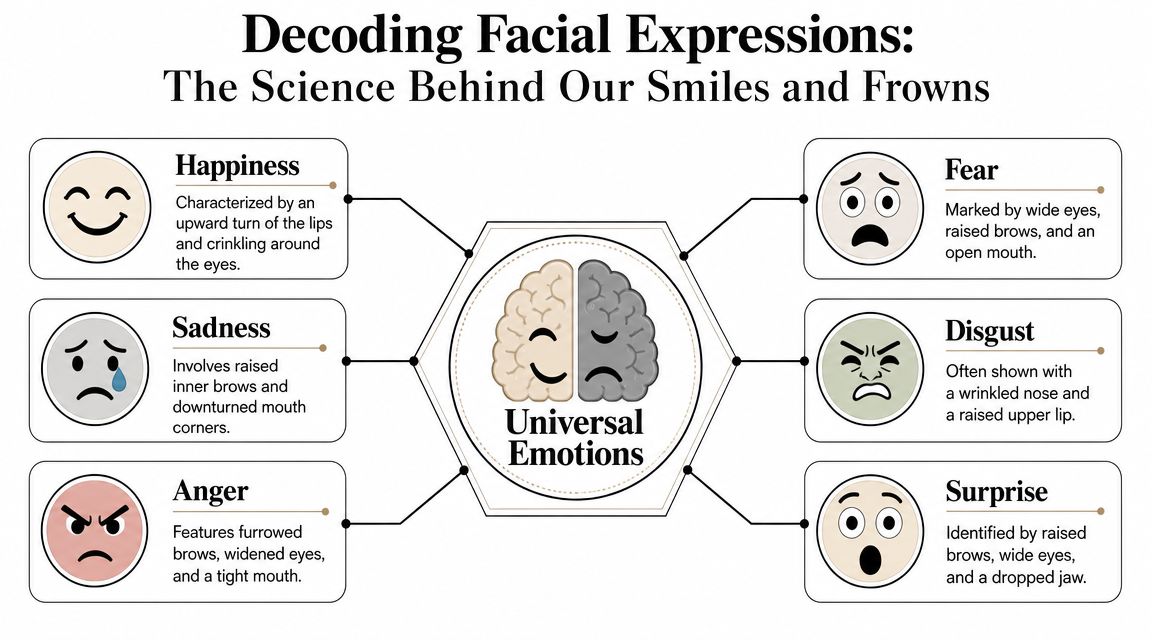 An infographic titled Decoding Facial Expressions showing six universal human emotions with corresponding illustrations and descriptions.