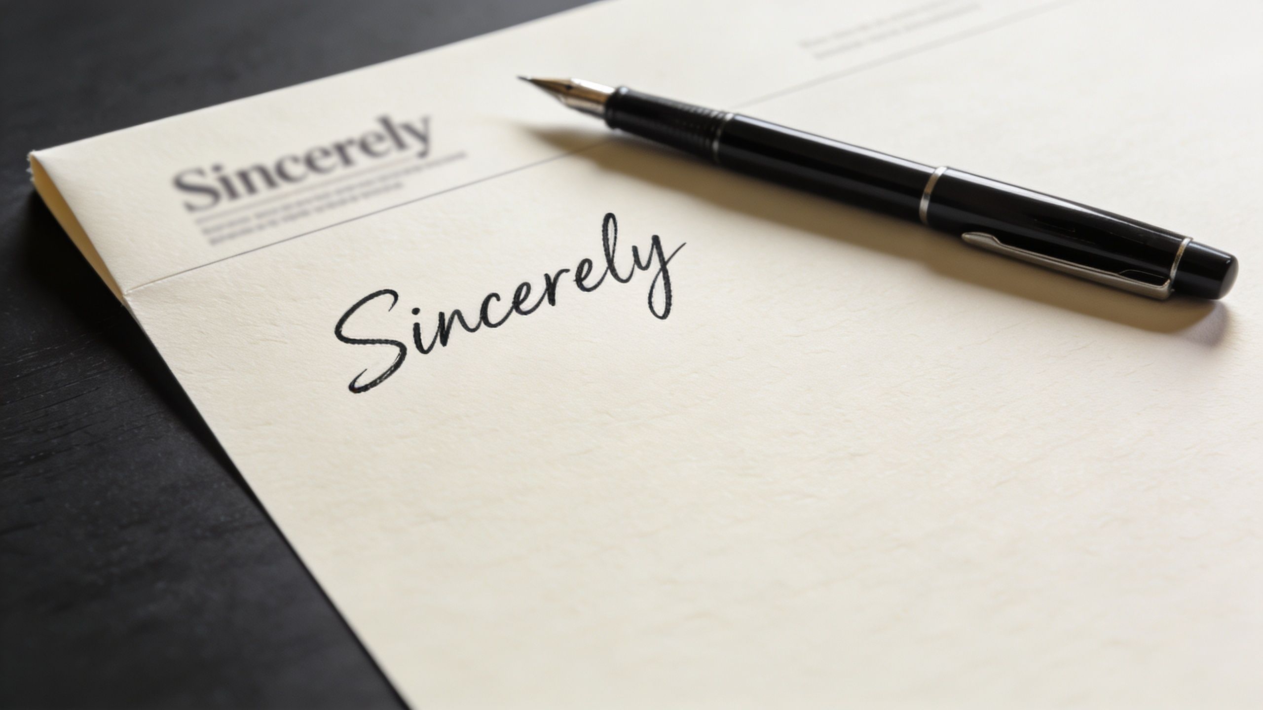 A close up of a fountain pen resting on a piece of paper signed with the word Sincerely.