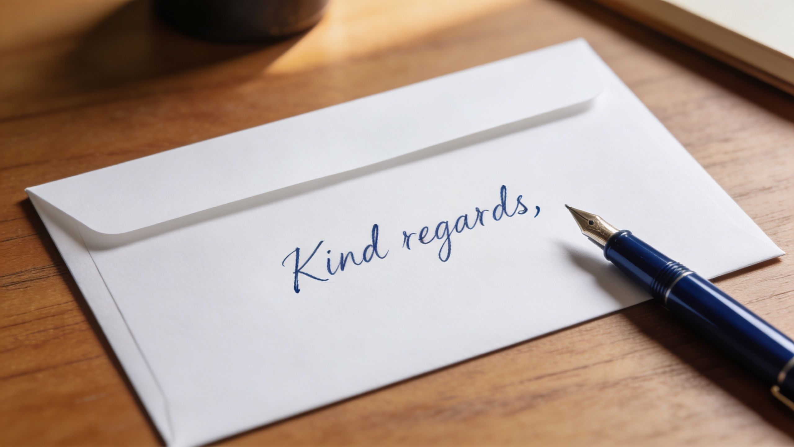 A fountain pen rests on a white envelope with the phrase Kind regards written in elegant cursive.