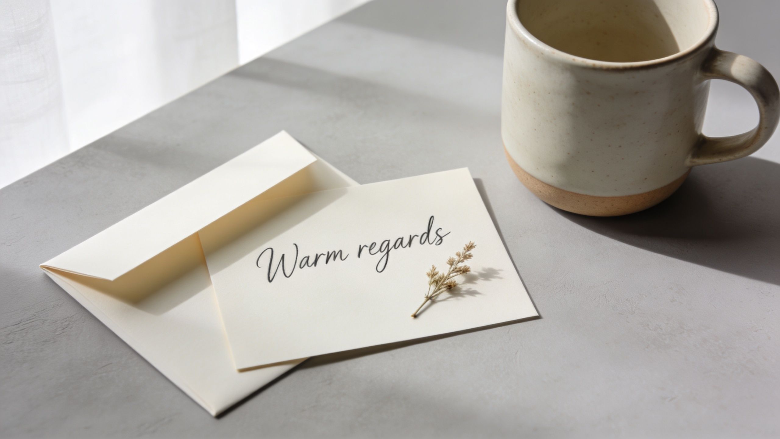 A minimalist note with the words Warm regards written in cursive script next to a coffee mug.