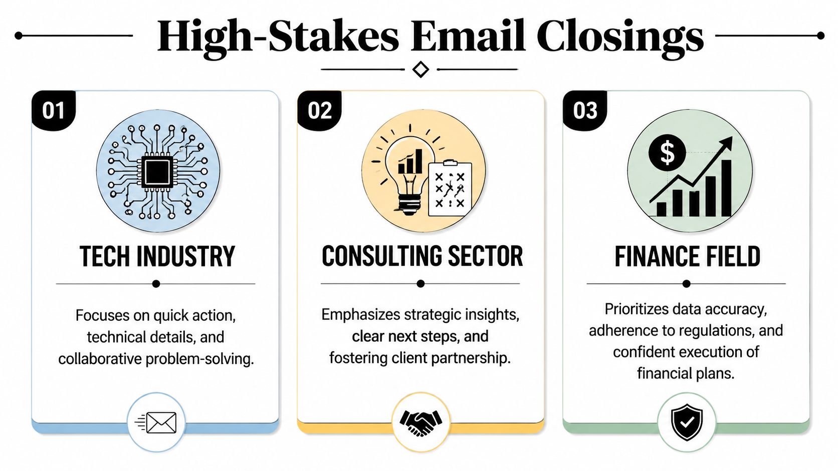 A visual guide titled High-Stakes Email Closings detailing communication strategies for the tech, consulting, and finance industries.