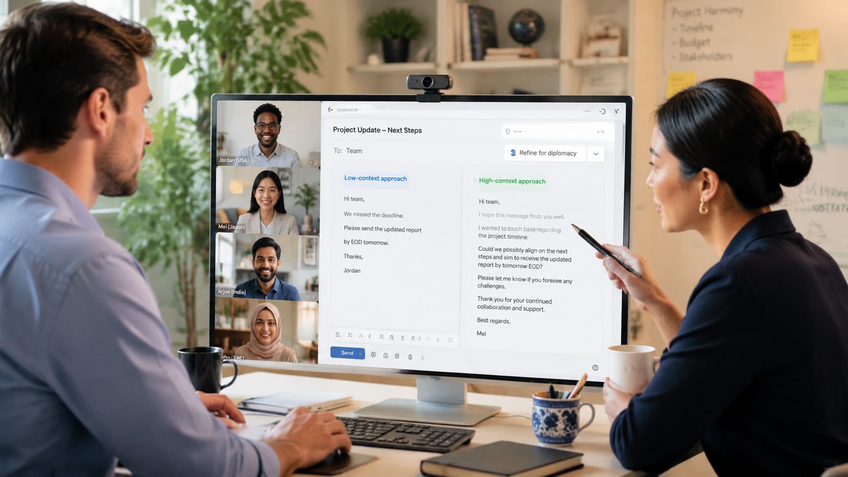 Colleagues collaborating on a computer screen displaying an email drafting interface with different communication styles.