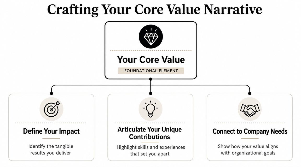 A diagram illustrating how to craft a core value narrative for professional career development and interviews.