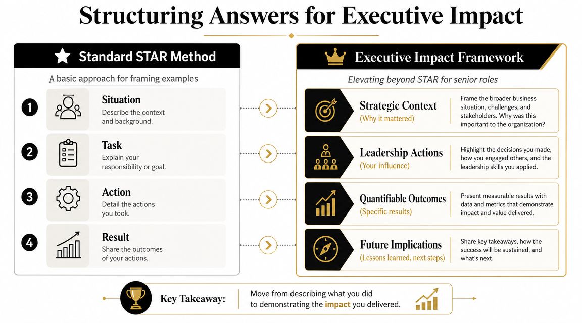 A comparison chart showing how to upgrade the standard STAR interview method to an executive impact framework.