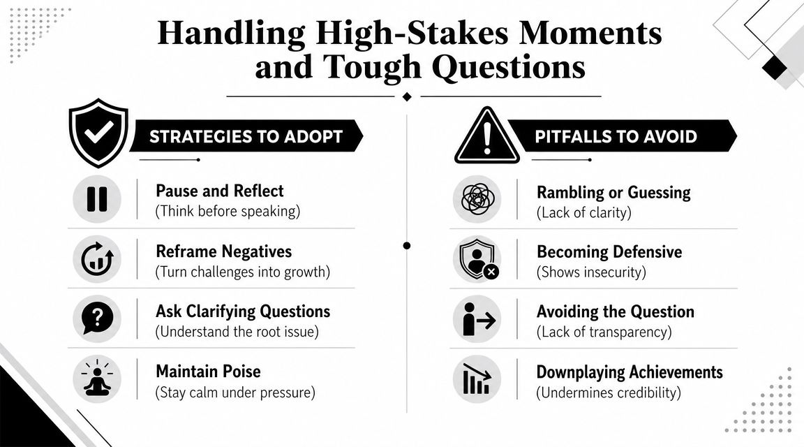 A chart illustrating strategies to adopt and pitfalls to avoid when handling high-stakes moments and tough questions.
