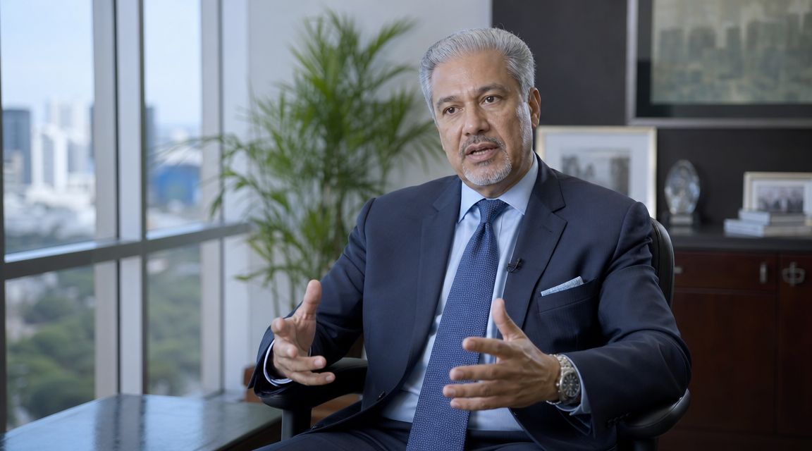 A professional man in a suit speaking while gesturing during an interview in an office setting.