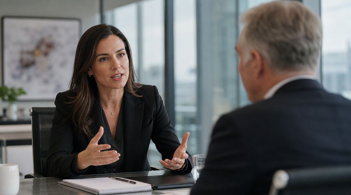 A professional woman in a suit gestures while speaking to a senior leader in a boardroom.