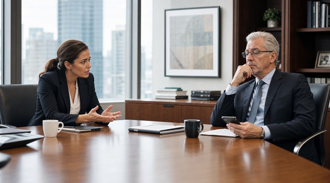 A professional woman having a serious discussion with an older male executive in a modern office.