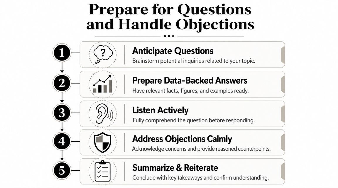 A step-by-step infographic titled Prepare for Questions and Handle Objections for effective business communication.
