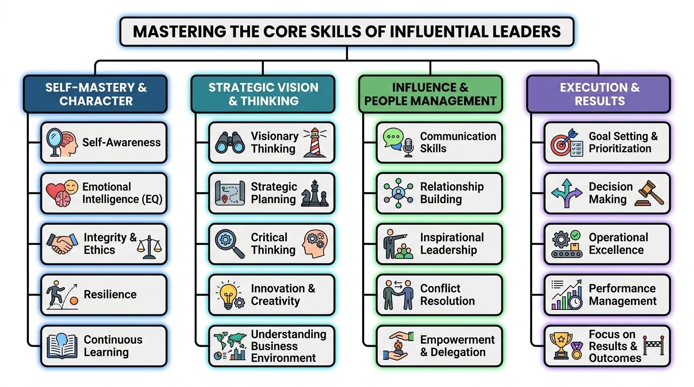 A hierarchical chart detailing the core skills required for effective and influential leadership in business.